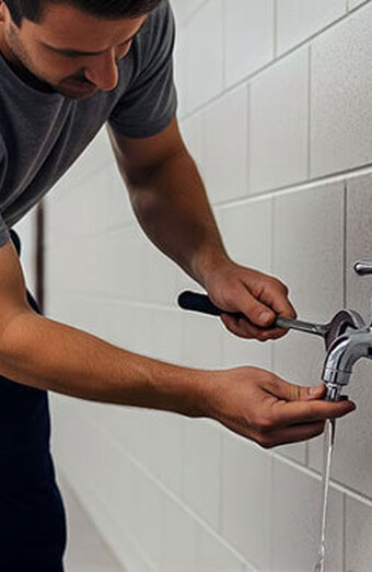 Plumber Adjusting Outdoor Tap